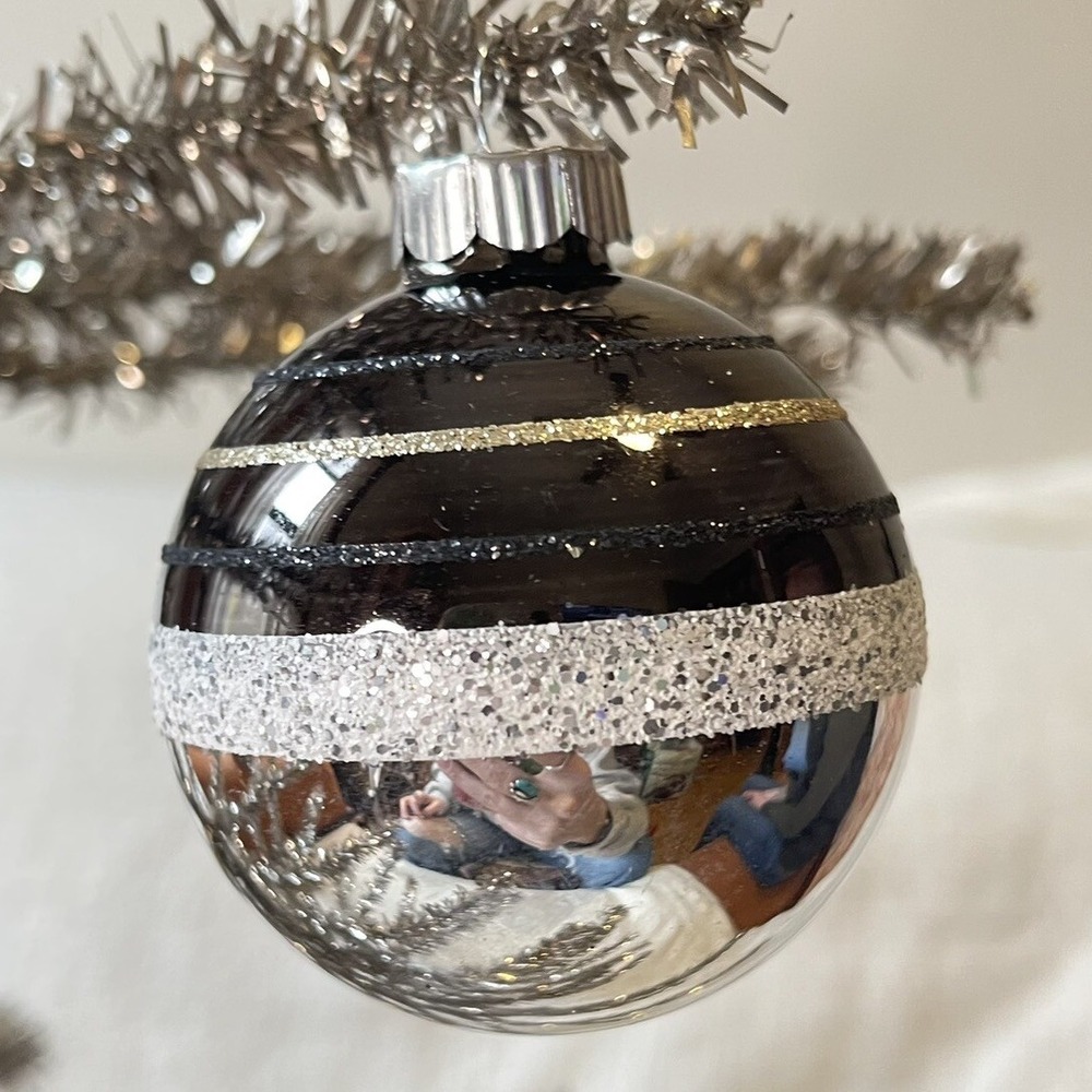 Radko Shiny Brite‎ Glitter Striped Ornament Ball Black Gold Halloween Mcm